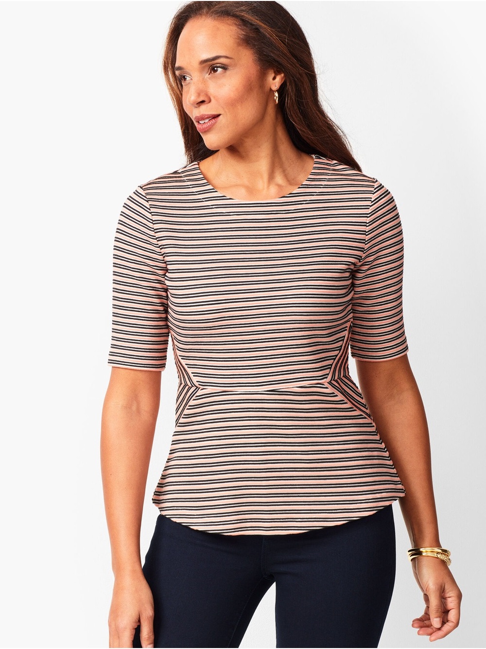 Talbots Striped Pink and Black Peplum Tee - Women's Top